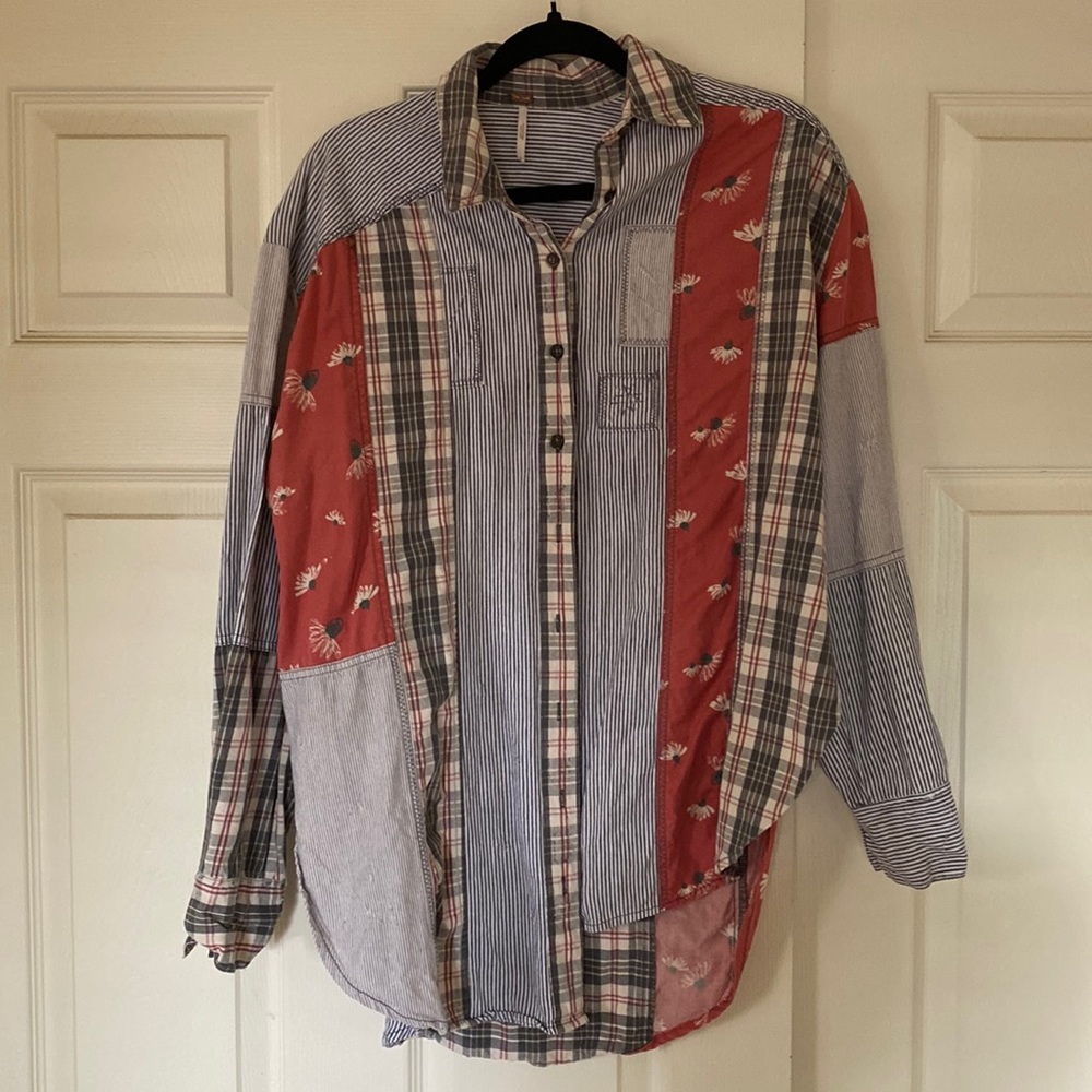Free People Mixed Patchwork Button-Down Shirt in Red and Blue